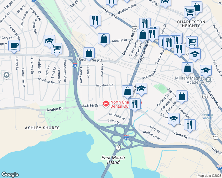 map of restaurants, bars, coffee shops, grocery stores, and more near 2214 Cambridge Avenue in North Charleston