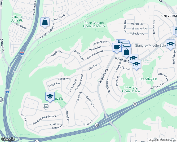 map of restaurants, bars, coffee shops, grocery stores, and more near 2925 Fried Avenue in San Diego
