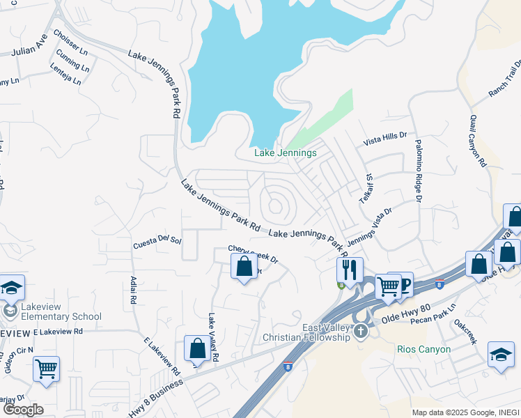 map of restaurants, bars, coffee shops, grocery stores, and more near 9500 Harritt Road in Lakeside