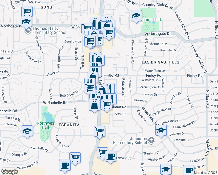 map of restaurants, bars, coffee shops, grocery stores, and more near 3325 Ridgefield Street in Irving