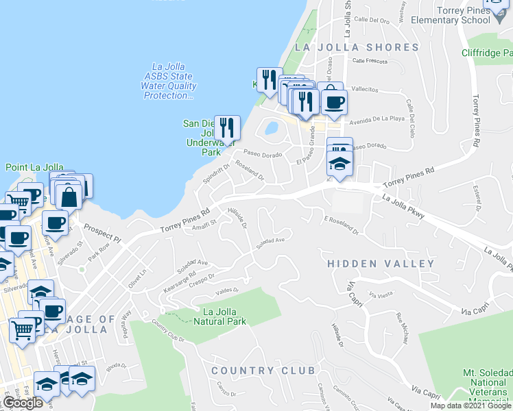 map of restaurants, bars, coffee shops, grocery stores, and more near 7782 Lookout Drive in San Diego