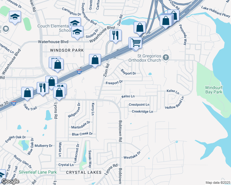 map of restaurants, bars, coffee shops, grocery stores, and more near 4613 Bridgeport Drive in Garland