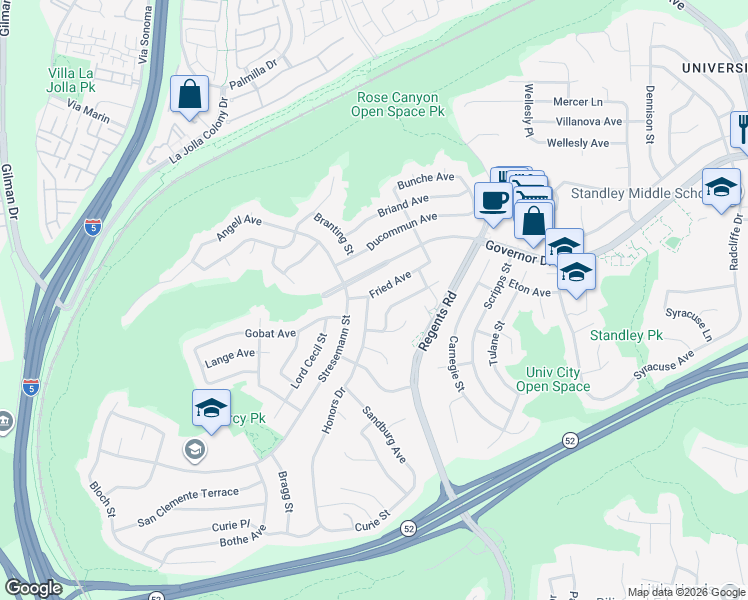 map of restaurants, bars, coffee shops, grocery stores, and more near 2925 Fried Avenue in San Diego