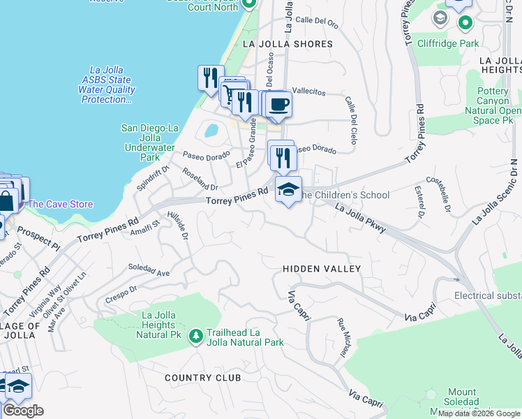 map of restaurants, bars, coffee shops, grocery stores, and more near 7850 Roseland Drive in San Diego