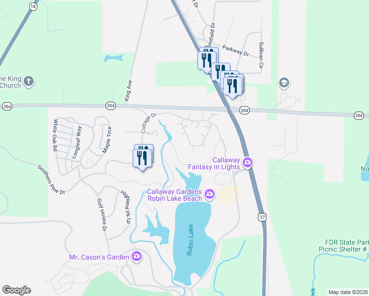 map of restaurants, bars, coffee shops, grocery stores, and more near 2185 Oak Lane in Pine Mountain