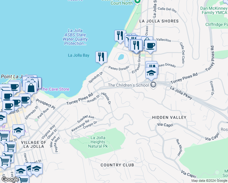 map of restaurants, bars, coffee shops, grocery stores, and more near 7782 Lookout Drive in San Diego