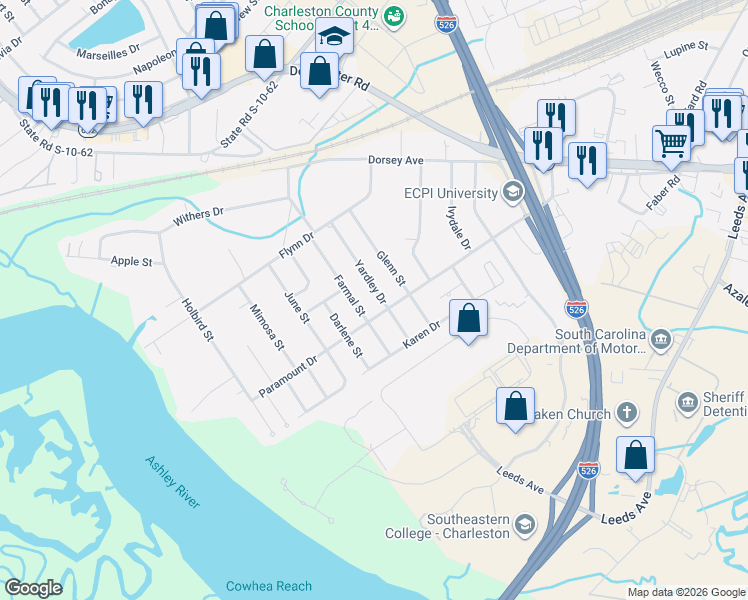 map of restaurants, bars, coffee shops, grocery stores, and more near 4715 Glenn Street in North Charleston