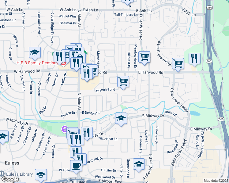 map of restaurants, bars, coffee shops, grocery stores, and more near 906 Winston Drive in Euless