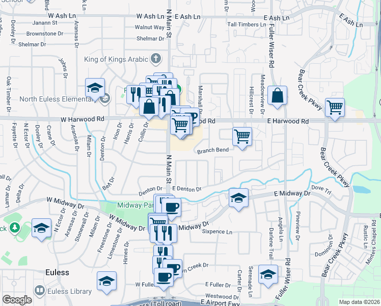 map of restaurants, bars, coffee shops, grocery stores, and more near 902 Waterford Way in Euless