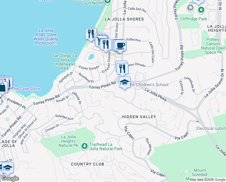 map of restaurants, bars, coffee shops, grocery stores, and more near 7850 Roseland Drive in San Diego