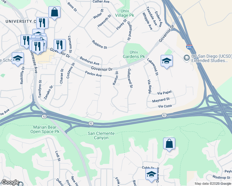 map of restaurants, bars, coffee shops, grocery stores, and more near 6052 Kantor Street in San Diego