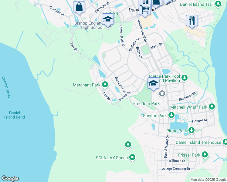 map of restaurants, bars, coffee shops, grocery stores, and more near 1144 Blakeway Street in Charleston