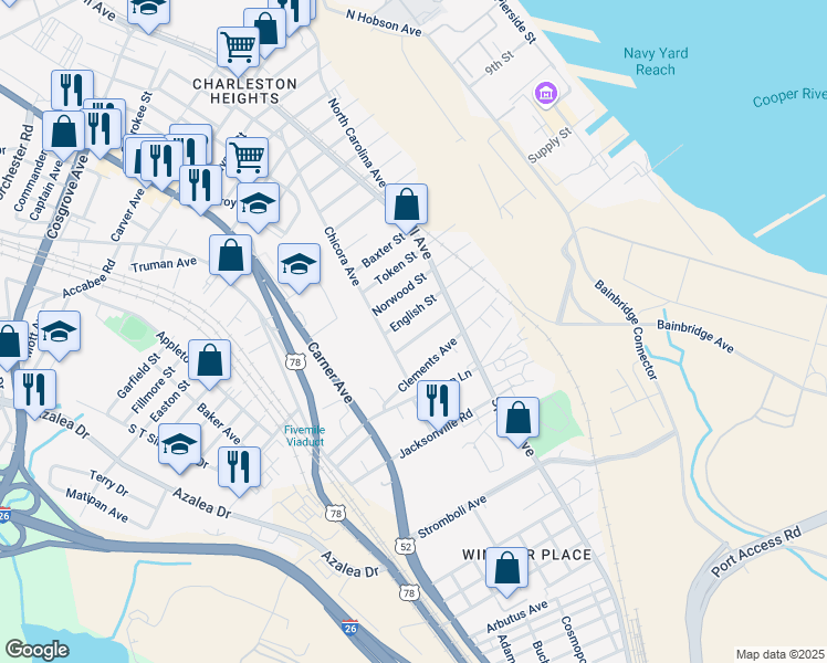 map of restaurants, bars, coffee shops, grocery stores, and more near 1911 English Street in North Charleston