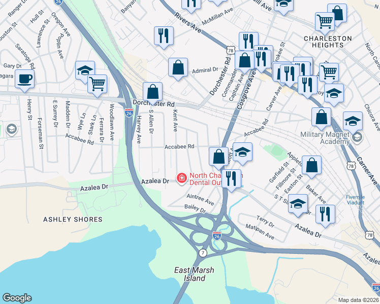 map of restaurants, bars, coffee shops, grocery stores, and more near 2214 Cambridge Avenue in North Charleston