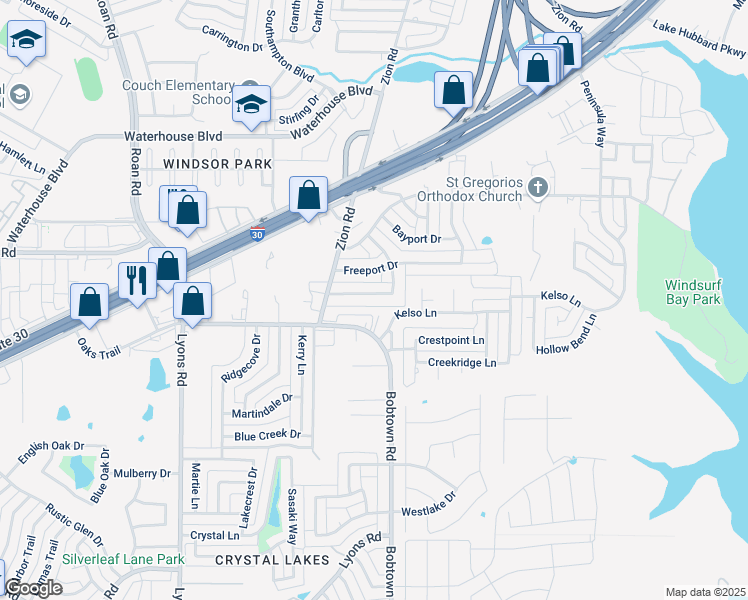map of restaurants, bars, coffee shops, grocery stores, and more near 4613 Bridgeport Drive in Garland