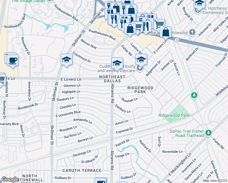 map of restaurants, bars, coffee shops, grocery stores, and more near 4349 Abrams Road in Dallas