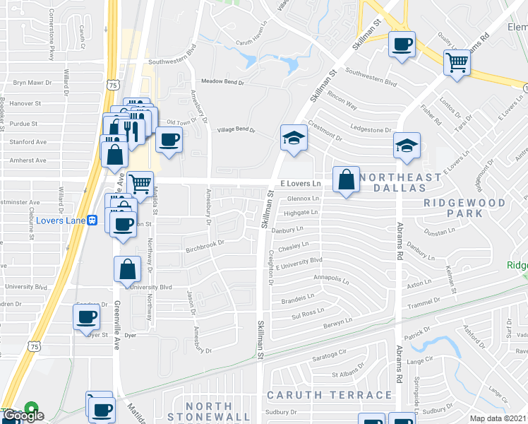 map of restaurants, bars, coffee shops, grocery stores, and more near 5119 Creighton Drive in Dallas