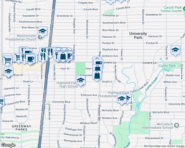 map of restaurants, bars, coffee shops, grocery stores, and more near 4119 Hyer Street in Dallas