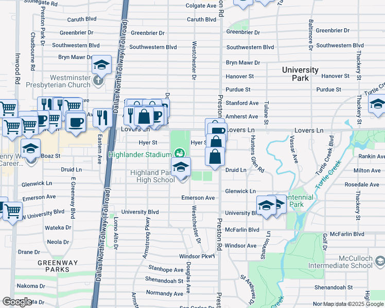 map of restaurants, bars, coffee shops, grocery stores, and more near 6915 Westchester Drive in Dallas