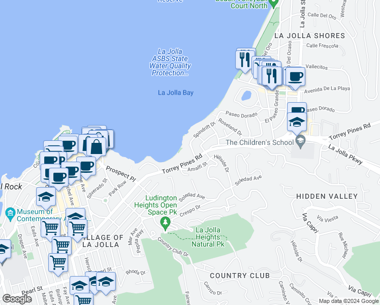 map of restaurants, bars, coffee shops, grocery stores, and more near 7930 Princess Street in San Diego