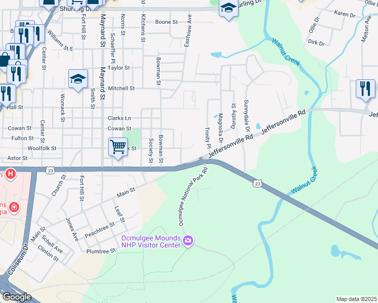 map of restaurants, bars, coffee shops, grocery stores, and more near 1219 Woolfolk Terrace in Macon