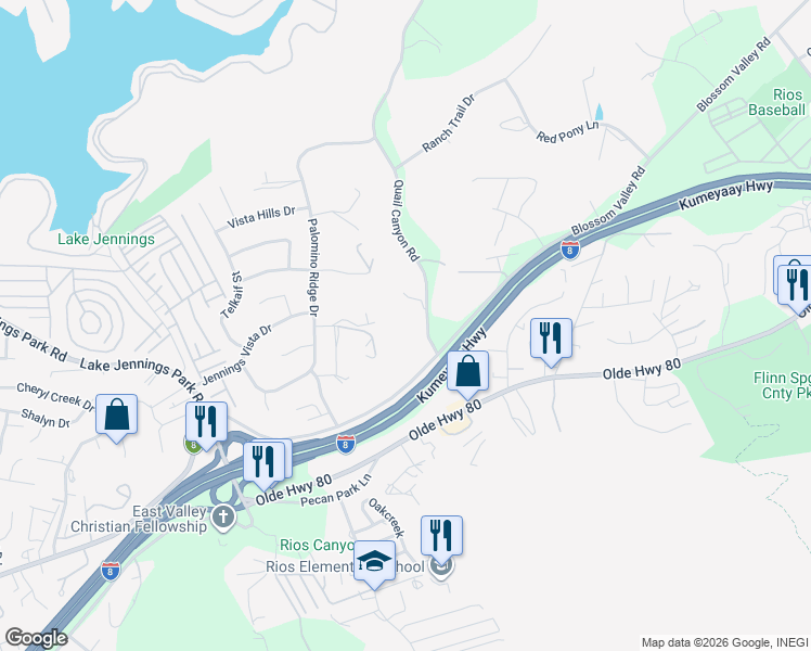 map of restaurants, bars, coffee shops, grocery stores, and more near 9346 Quail Canyon Road in El Cajon