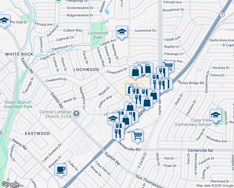 map of restaurants, bars, coffee shops, grocery stores, and more near 11360 Lochwood Boulevard in Dallas