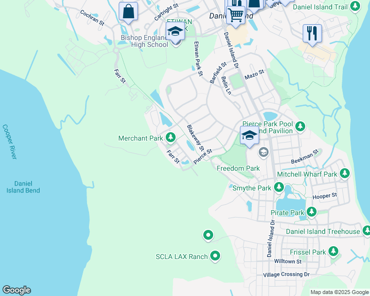 map of restaurants, bars, coffee shops, grocery stores, and more near 1144 Blakeway Street in Charleston