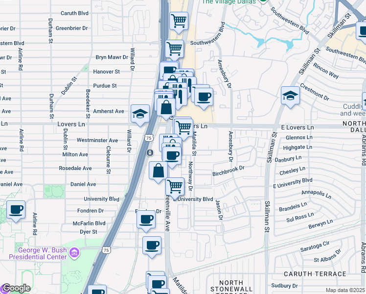 map of restaurants, bars, coffee shops, grocery stores, and more near 5750 East Lovers Lane in Dallas