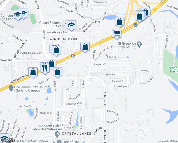 map of restaurants, bars, coffee shops, grocery stores, and more near 5416 Zion Road in Garland