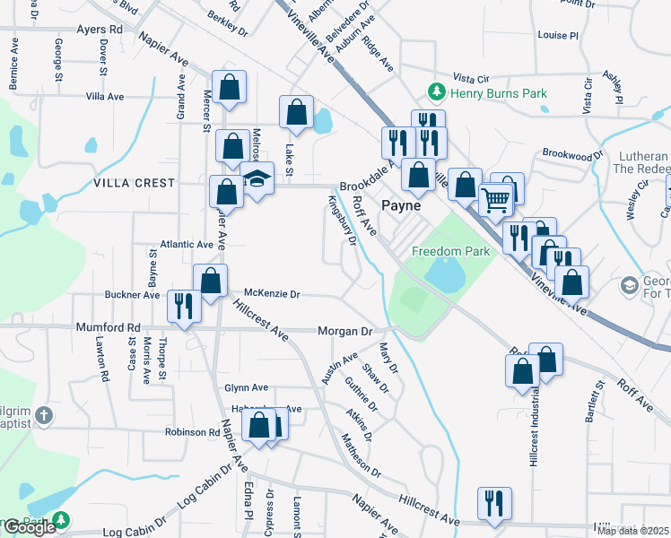 map of restaurants, bars, coffee shops, grocery stores, and more near 3454 Charleston Circle in Macon