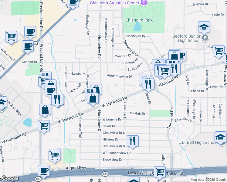 map of restaurants, bars, coffee shops, grocery stores, and more near 453 Shade Tree Circle in Hurst