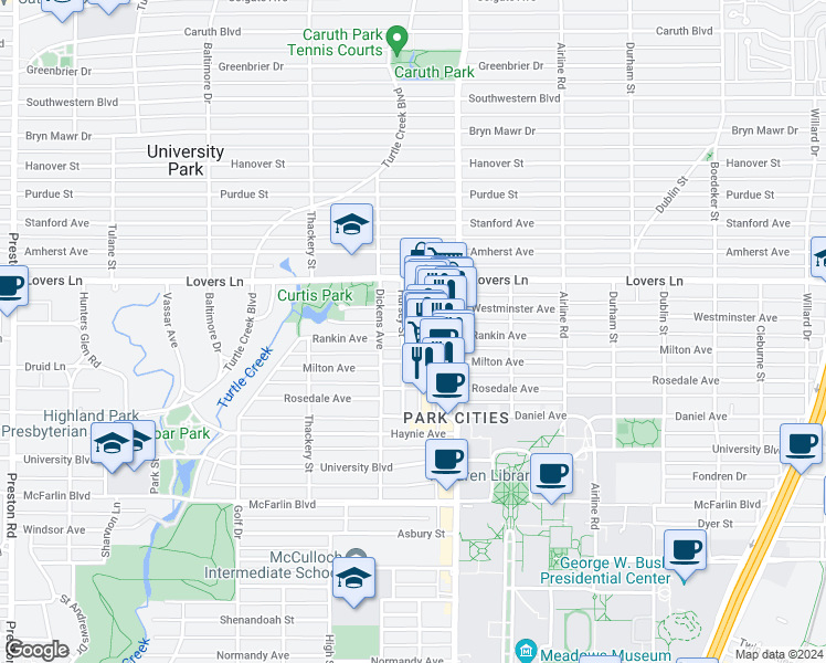 map of restaurants, bars, coffee shops, grocery stores, and more near 3422 Rankin Street in Dallas