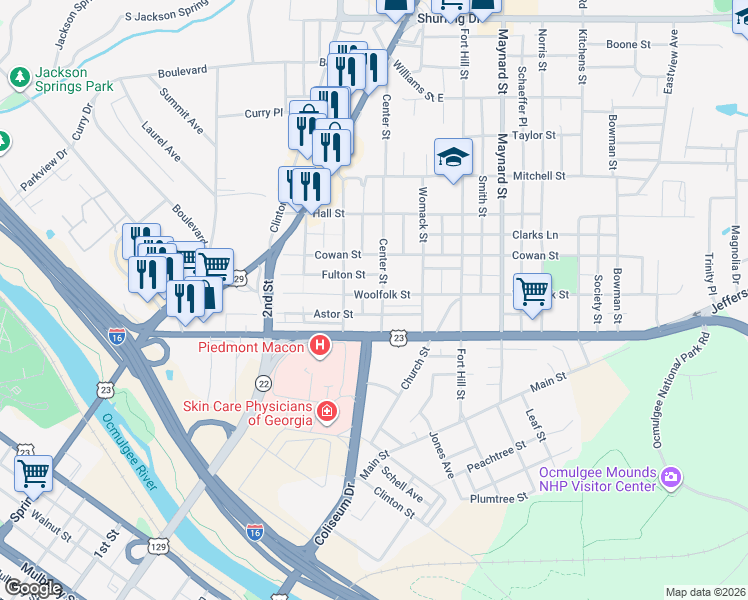 map of restaurants, bars, coffee shops, grocery stores, and more near 735 Center Street in Macon