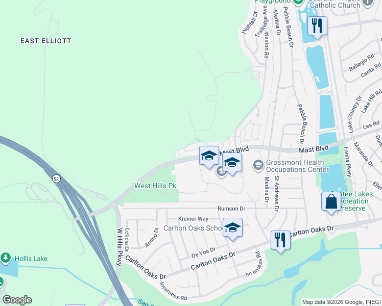 map of restaurants, bars, coffee shops, grocery stores, and more near 8605 Chaparral Way in Santee