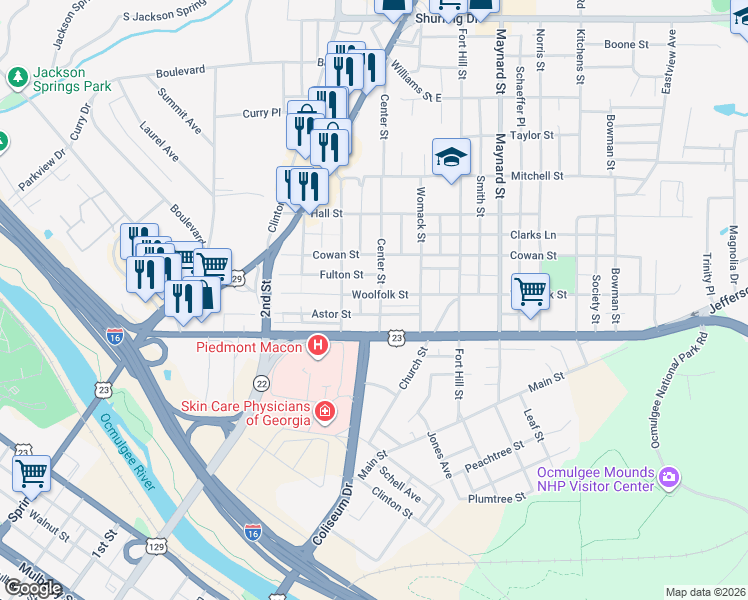 map of restaurants, bars, coffee shops, grocery stores, and more near 735 Center Street in Macon