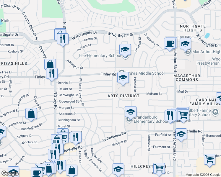 map of restaurants, bars, coffee shops, grocery stores, and more near 1815 Dewitt Street in Irving