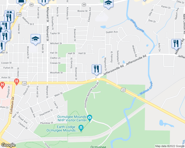 map of restaurants, bars, coffee shops, grocery stores, and more near 1237 Woolfolk Terrace in Macon