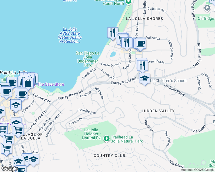 map of restaurants, bars, coffee shops, grocery stores, and more near 7784 Lookout Drive in San Diego