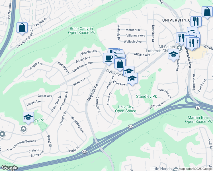 map of restaurants, bars, coffee shops, grocery stores, and more near 6026 Scripps Street in San Diego