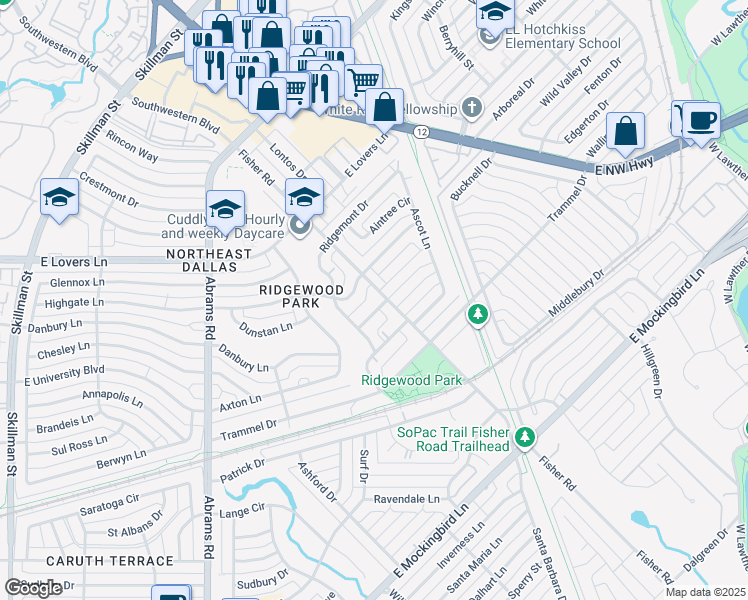 map of restaurants, bars, coffee shops, grocery stores, and more near 6603 Pimlico Drive in Dallas