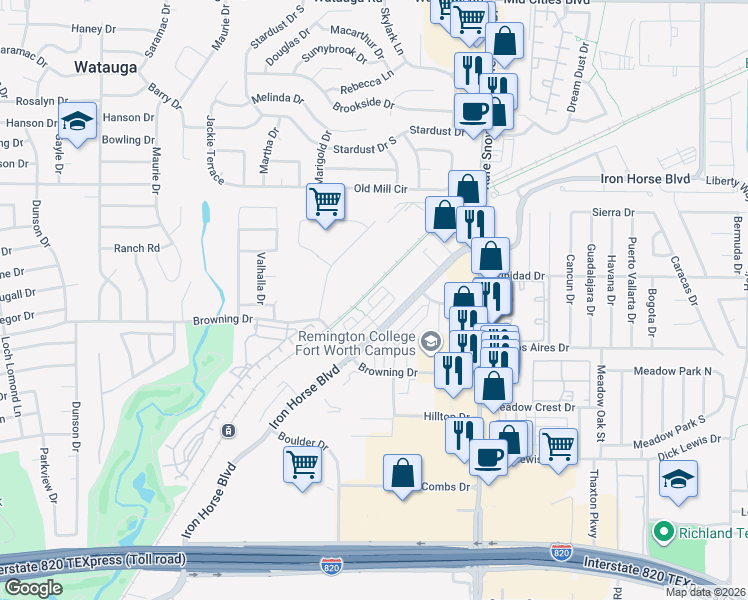 map of restaurants, bars, coffee shops, grocery stores, and more near 6455 Browning Drive in Fort Worth