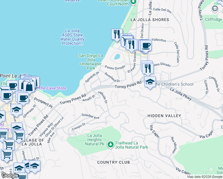 map of restaurants, bars, coffee shops, grocery stores, and more near 7784 Lookout Drive in San Diego