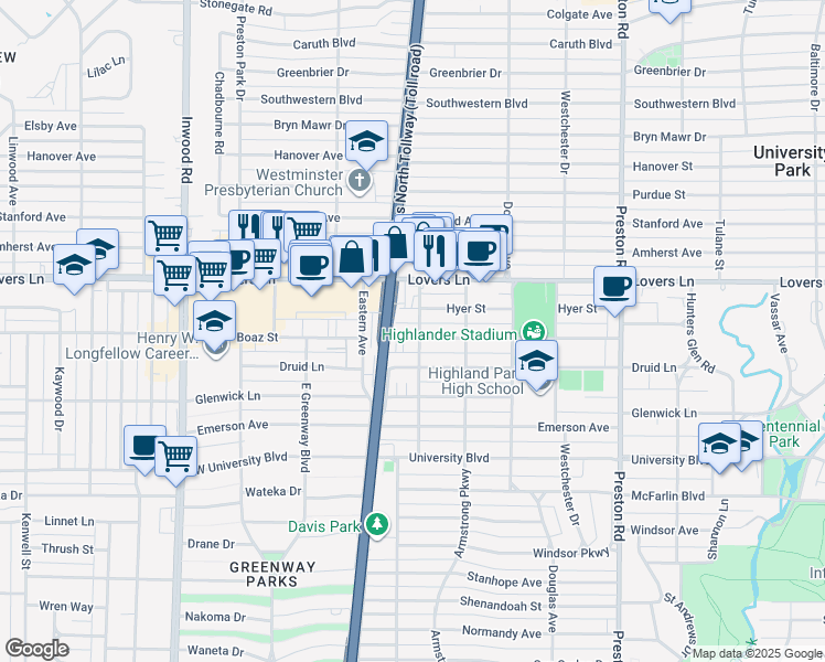 map of restaurants, bars, coffee shops, grocery stores, and more near 6903 Lomo Alto Drive in Dallas