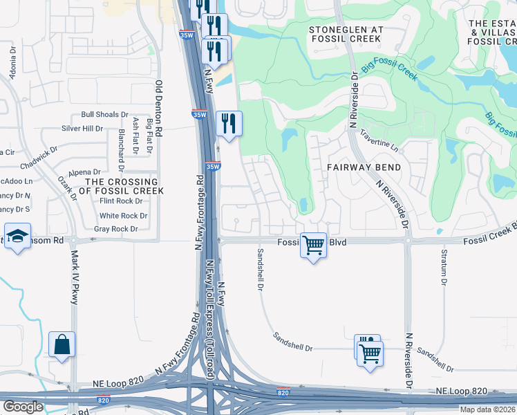 map of restaurants, bars, coffee shops, grocery stores, and more near 5769 Sandshell Circle West in Fort Worth