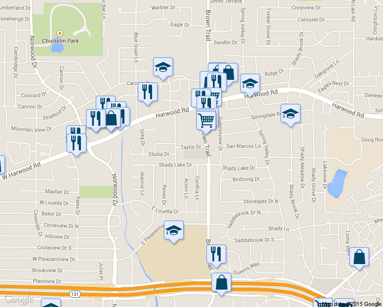 map of restaurants, bars, coffee shops, grocery stores, and more near 1801 Brown Trail in Bedford