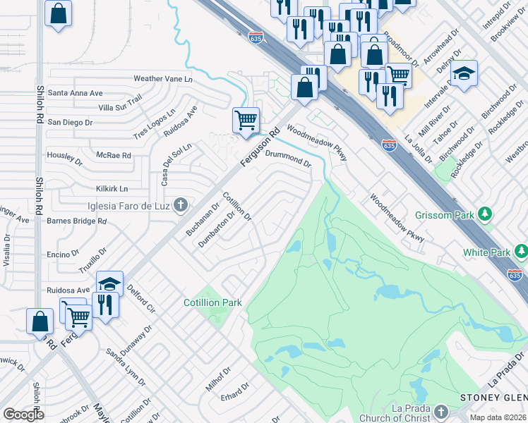 map of restaurants, bars, coffee shops, grocery stores, and more near 11424 Glen Cross Drive in Dallas