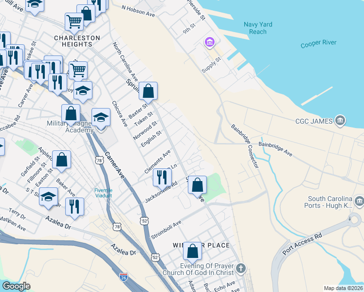 map of restaurants, bars, coffee shops, grocery stores, and more near 1824a Clements Avenue in North Charleston