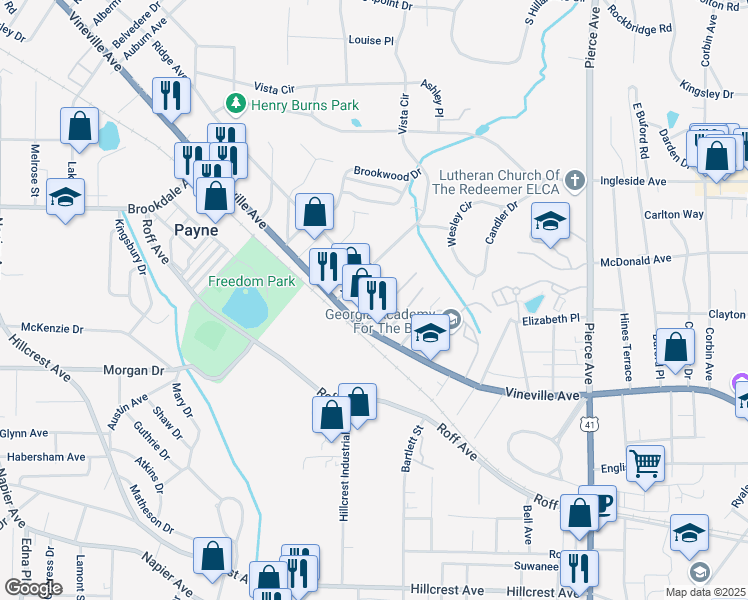 map of restaurants, bars, coffee shops, grocery stores, and more near 3031 Ridge Avenue in Macon
