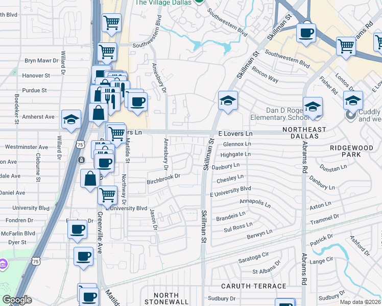 map of restaurants, bars, coffee shops, grocery stores, and more near 5107 Skillman Street in Dallas